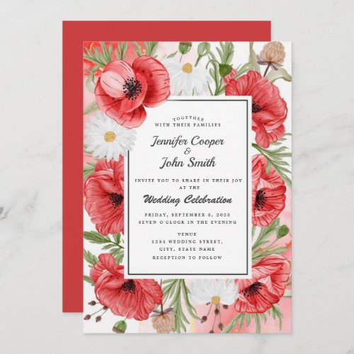Pretty Watercolor Red Poppies Floral Wedding  Invitation