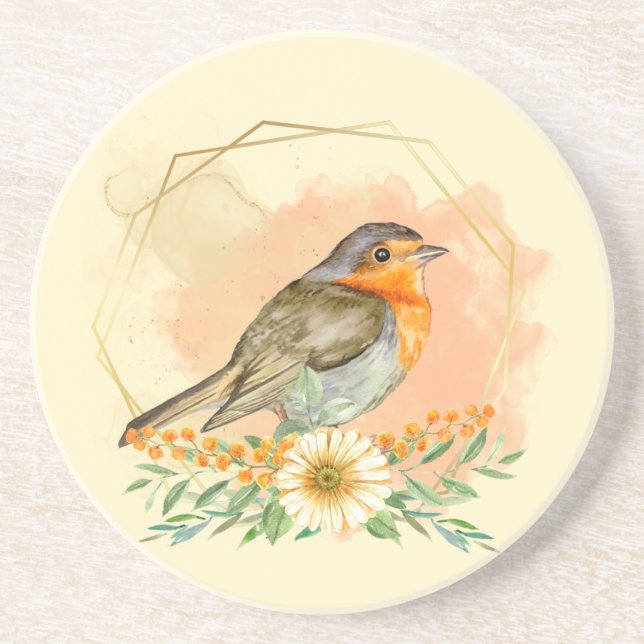 Pretty Watercolor Robin and Wildflower Frame  Coaster (Front)