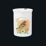 Pretty Watercolor Robin and Wildflowers  Beverage Pitcher<br><div class="desc">Pretty beverage pitcher design features watercolor compilation of a gazing robin with gold geometric frame,  wildflower bouquet and wispy watercolor splash.  The perfect servingware for nature lovers and bird watchers!</div>