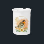 Pretty Watercolor Robin and Wildflowers  Beverage Pitcher<br><div class="desc">Pretty beverage pitcher design features watercolor compilation of a gazing robin with gold geometric frame,  wildflower bouquet and wispy watercolor splash.  The perfect servingware for nature lovers and bird watchers!</div>