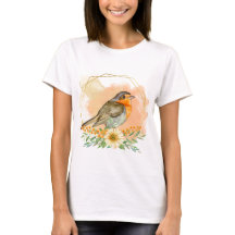 Pretty Watercolor Robin and Wildflowers 