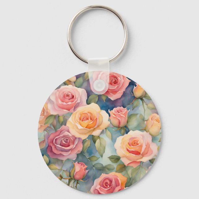 Pretty Watercolor Roses Floral Design Keychain (Front)