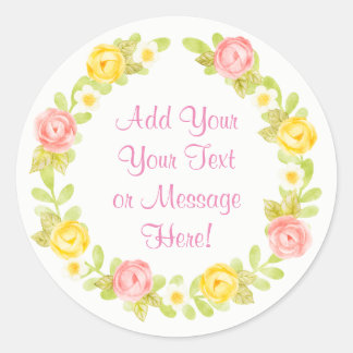 Pretty Watercolor Roses Wreath Personalize Classic Round Sticker