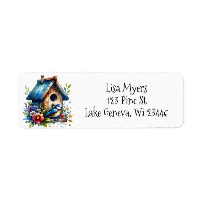 Pretty Watercolor Rustic Birdhouse and Bird Label (Front)