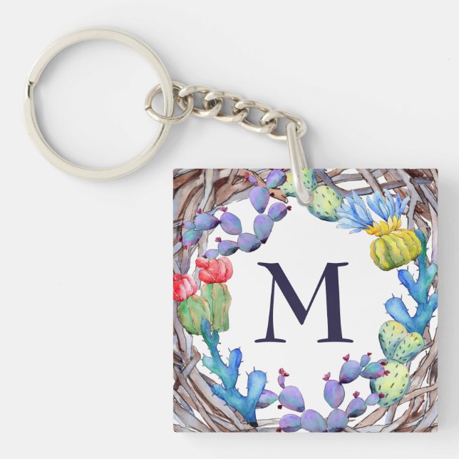 Pretty Watercolor Rustic Cactus Monogram Keychain (Front)