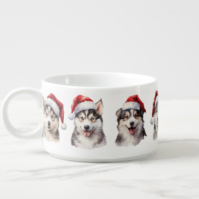 PRETTY WATERCOLOR SANTA SIBERIAN HUSKY DOGS BOWL (Right)
