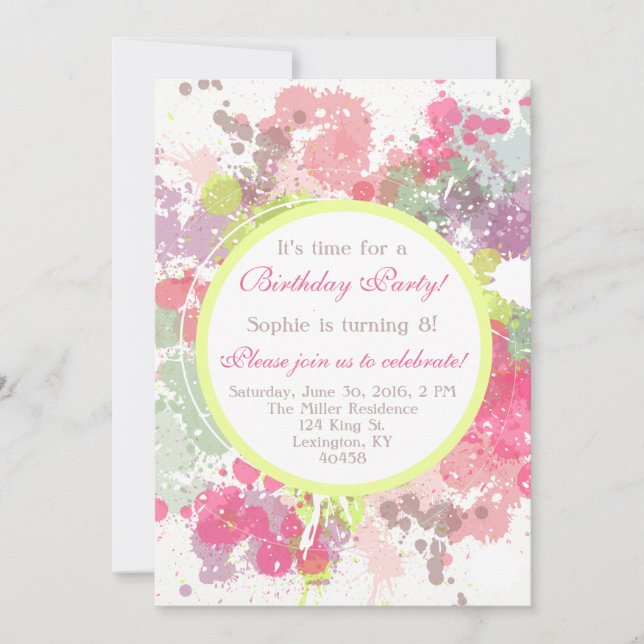Pretty Watercolor Splat Birthday Party Invitation (Front)