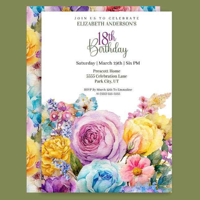 Pretty Watercolor Spring Floral 18th Birthday Invitation (Creator Uploaded)