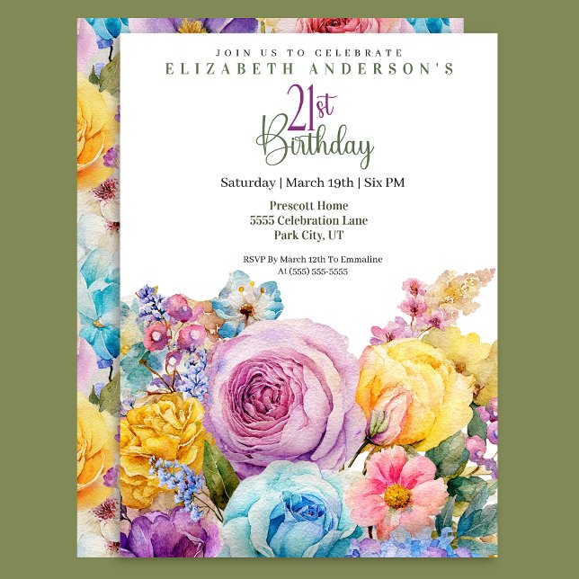 Pretty Watercolor Spring Floral 21st Birthday Invitation (Creator Uploaded)