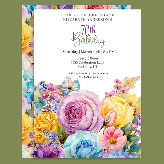 Pretty Watercolor Spring Floral 70th Birthday Invitation (Creator Uploaded)