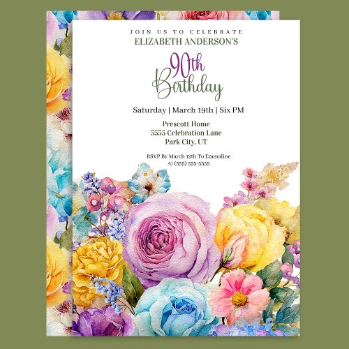 Pretty Watercolor Spring Floral 90th Birthday
