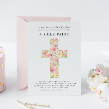 Pretty Watercolor Spring Floral Cross Christening Invitation by misstallulah at Zazzle