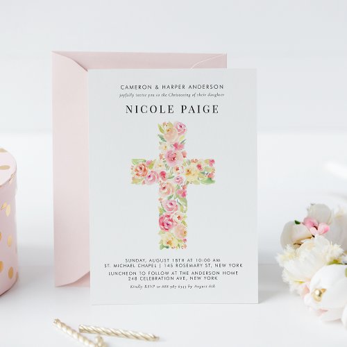 Pretty Watercolor Spring Floral Cross Christening Invitation