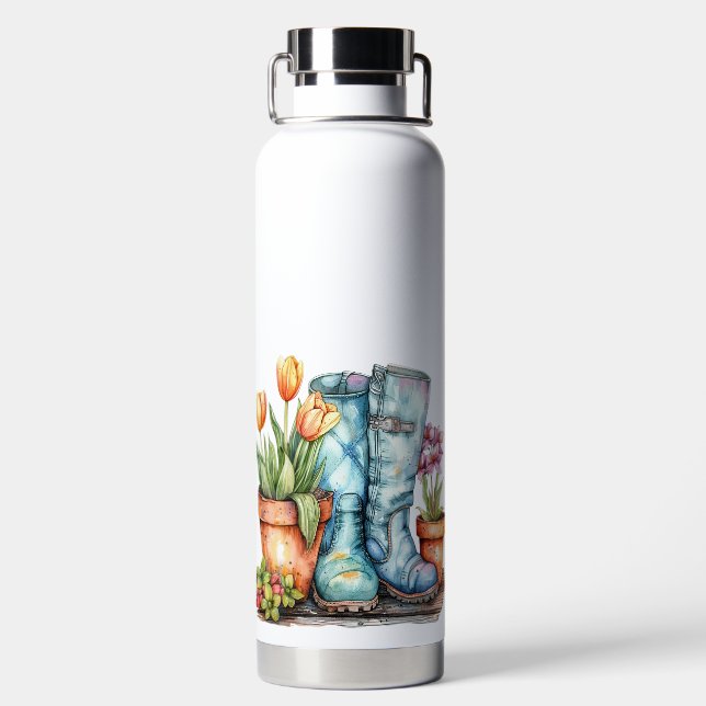 PRETTY WATERCOLOR SPRING TIME FLOWERS & BOOTS WATER BOTTLE (Back)