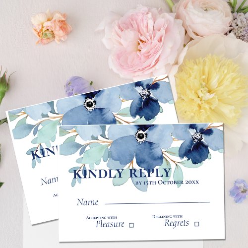  Pretty Watercolor Stale Blue Floral Wedding RSVP Card