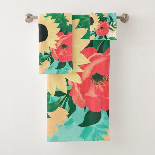 Pretty watercolor Sunflower Daisies  Poppy Flower Bath Towel Set