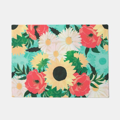 Pretty watercolor Sunflower Daisies  Poppy Flower Doormat