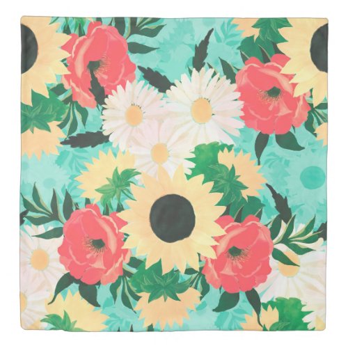 Pretty watercolor Sunflower Daisies  Poppy Flower Duvet Cover