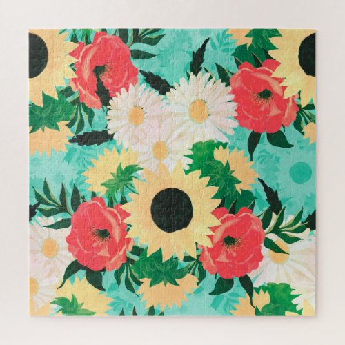 Pretty watercolor Sunflower Daisies  Poppy Flower Jigsaw Puzzle