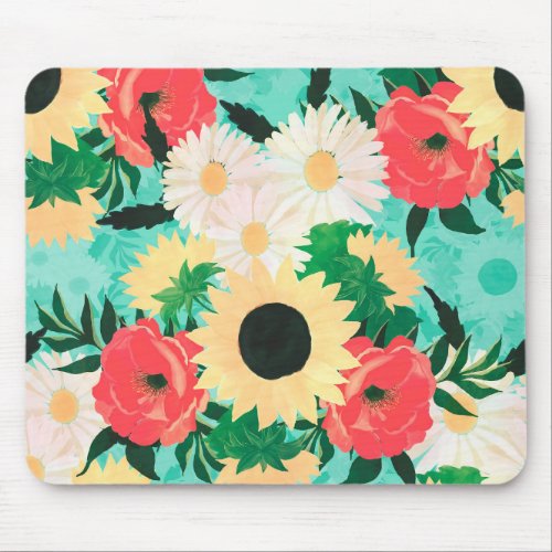 Pretty watercolor Sunflower Daisies  Poppy Flower Mouse Pad
