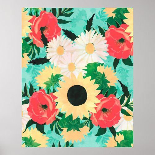 Pretty watercolor Sunflower Daisies  Poppy Flower Poster