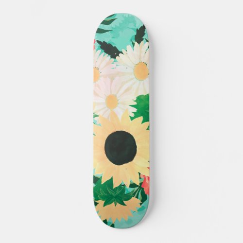 Pretty watercolor Sunflower Daisies  Poppy Flower Skateboard