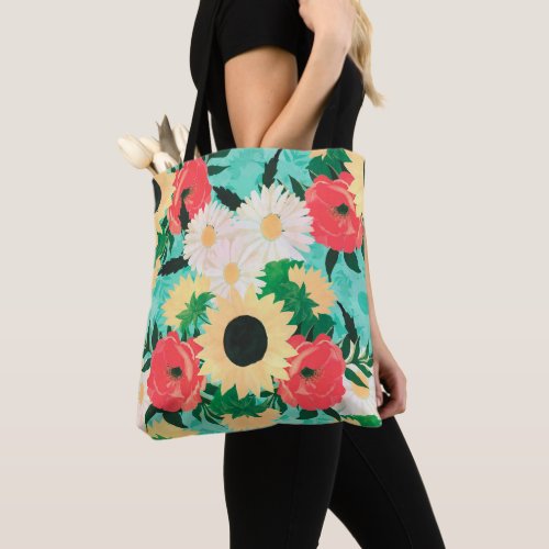 Pretty watercolor Sunflower Daisies  Poppy Flower Tote Bag