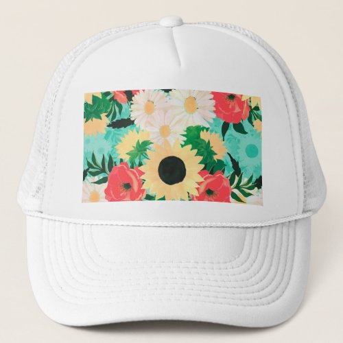 Pretty watercolor Sunflower Daisies  Poppy Flower Trucker Hat