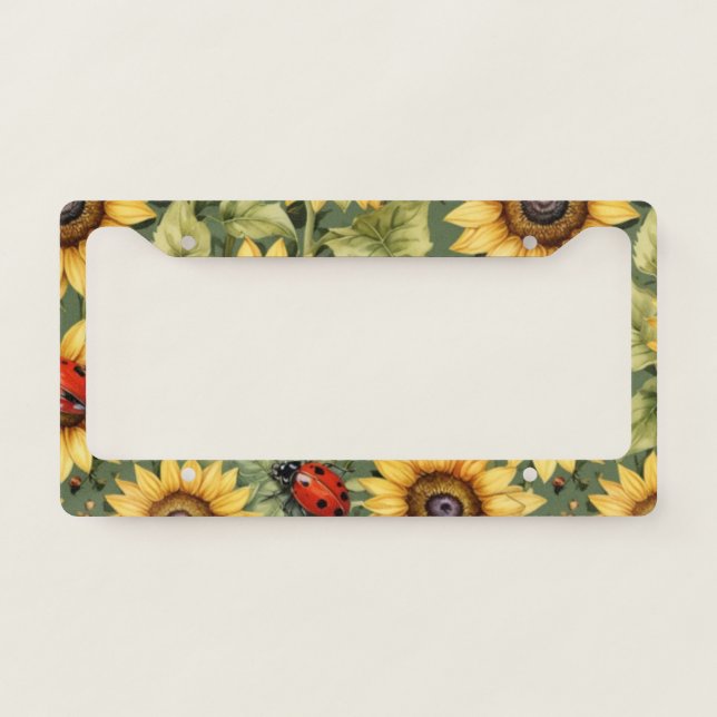 Pretty Watercolor Sunflower Ladybug Green Yellow License Plate Frame (Front)