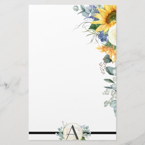 Pretty Watercolor Sunflower Monogrammed Stationery