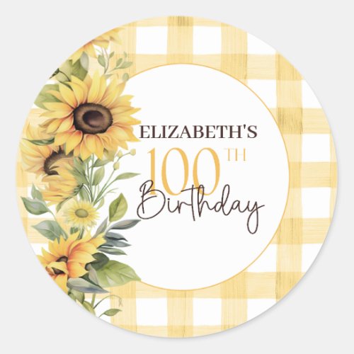 Pretty Watercolor Sunflowers 100th Birthday Classic Round Sticker