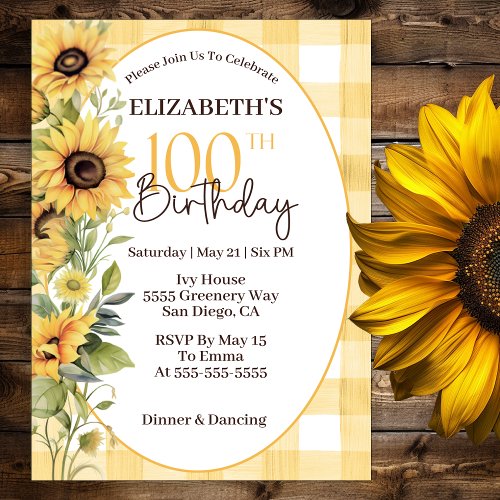 Pretty Watercolor Sunflowers 100th Birthday Invitation