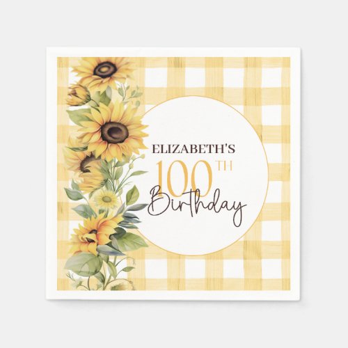 Pretty Watercolor Sunflowers 100th Birthday Napkins