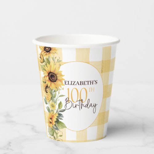 Pretty Watercolor Sunflowers 100th Birthday Paper Cups