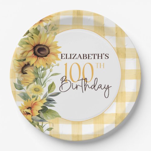 Pretty Watercolor Sunflowers 100th Birthday Paper Plates