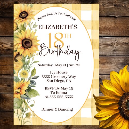 Pretty Watercolor Sunflowers 18th Birthday Invitation