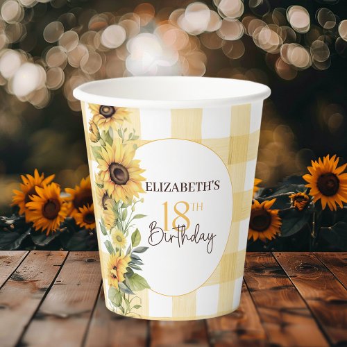 Pretty Watercolor Sunflowers 18th Birthday Paper Cups