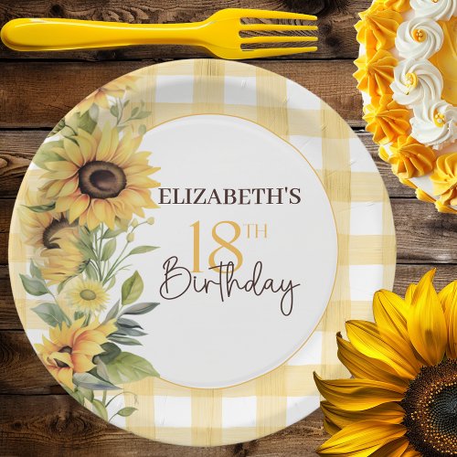 Pretty Watercolor Sunflowers 18th Birthday Paper Plates