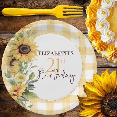 Pretty Watercolor Sunflowers 21st Birthday Paper Plates