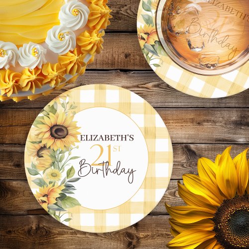 Pretty Watercolor Sunflowers 21st Birthday Round Paper Coaster