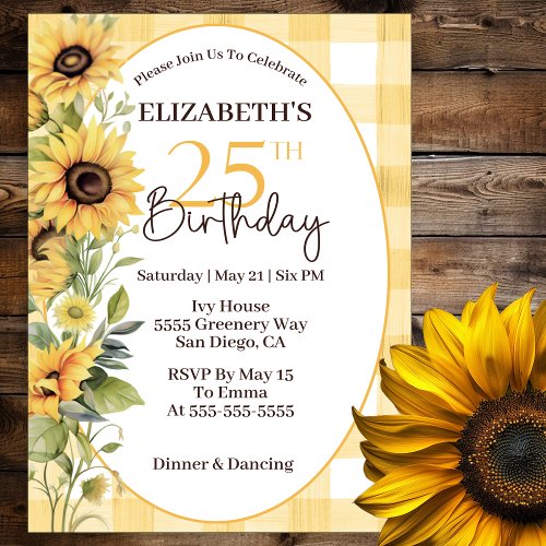 Pretty Watercolor Sunflowers 25th Birthday Invitation