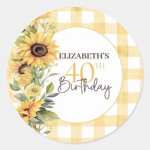 Pretty Watercolor Sunflowers 40th Birthday Classic Round Sticker