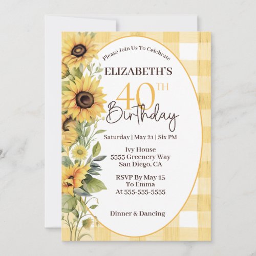 Pretty Watercolor Sunflowers 40th Birthday Invitation