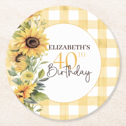 Pretty Watercolor Sunflowers 40th Birthday Round Paper Coaster