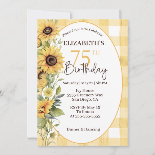 Pretty Watercolor Sunflowers 75th Birthday Invitation