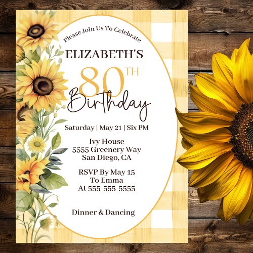 Pretty Watercolor Sunflowers 80th Birthday Invitation