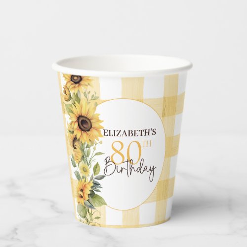 Pretty Watercolor Sunflowers 80th Birthday Paper Cups