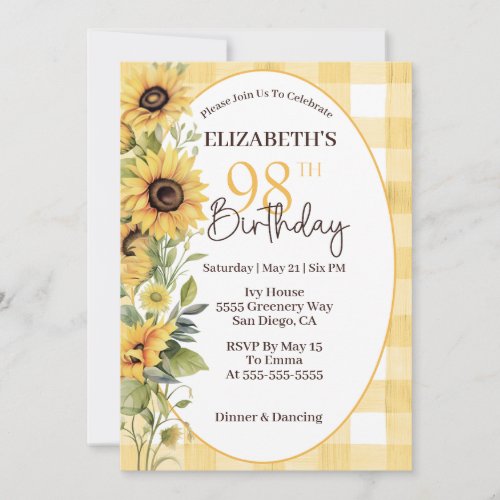 Pretty Watercolor Sunflowers 98th Birthday Invitation