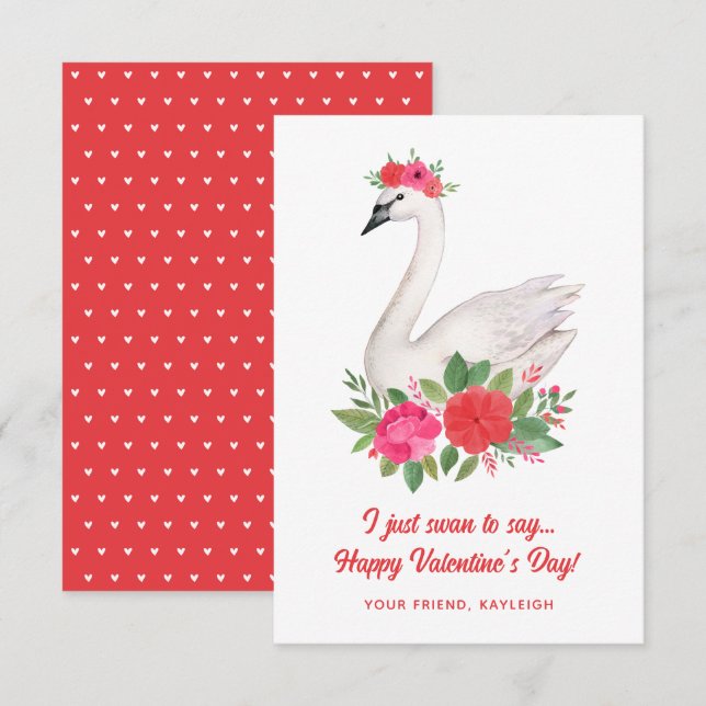 Pretty Watercolor Swan Pun Classroom Valentine Note Card (Front/Back)