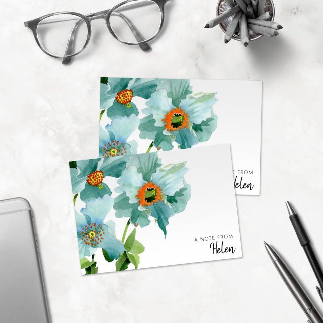 Pretty Watercolor Teal Poppies Personalized Note Card (Creator Uploaded)